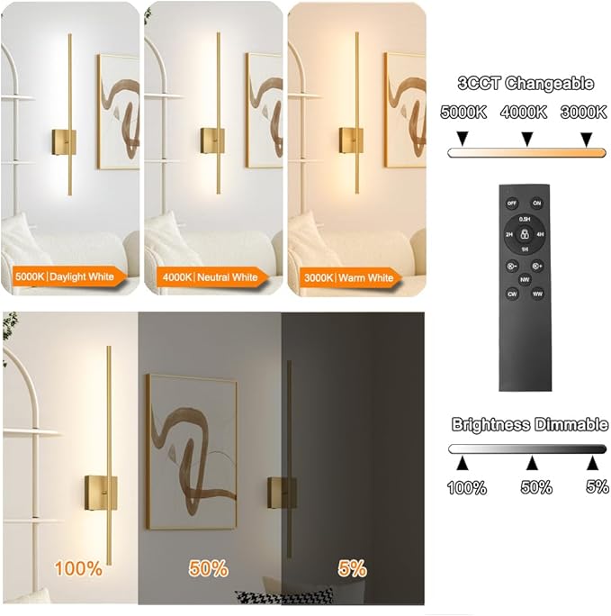15000mAh Battery Operated Wall Sconce Set of 2, Brass USB Rechargeable Wall Sconces, Dimmable Gold Cordless Wall Sconces with Remote Control, LED Wireless Wall Light Lighting Time 24-120 Hours