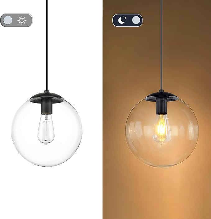 KoKo&Yukina 8 inch Globe Pendant Lighting for Kitchen Island Mid Century Modern Hanging Light Fixture with Clear Globe Glass Black Industrial Hanging Ceiling Lights for Bathroom Entryway (Bulb Incl.)