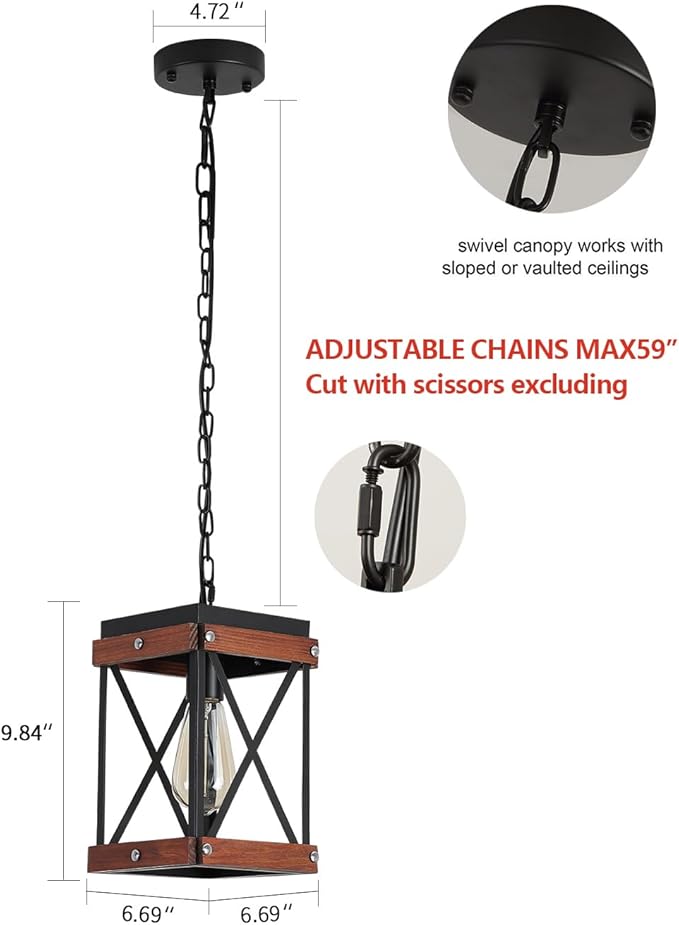 Fivess Lighting Rustic Farmhouse Pendant Light with Wood and Metal Cage, One-Light Adjustable Chains Industrial Mini Pendant Lighting Fixture for Kitchen Island Cafe Bar, Black