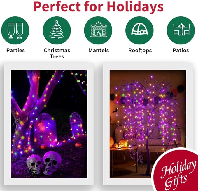 LAMPHOME 50 LED Outdoor Halloween Lights, 16 FT Mini String Light with 9 Modes & 6 Hour Timer, Waterproof Battery Operated for Indoor Outdoor Patio Garden Party Tree Decoration, Orange Purple Green