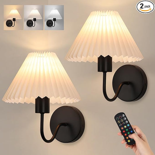 Rechargeable Battery Operated Wall Sconce Sets of 2, 15 Colors Wireless gooseneck Black Wall Lights Fixture with Dimmable Bulbs and Remote, Not Hardwired Wall Mounted Lamps for Bedroom Living Room
