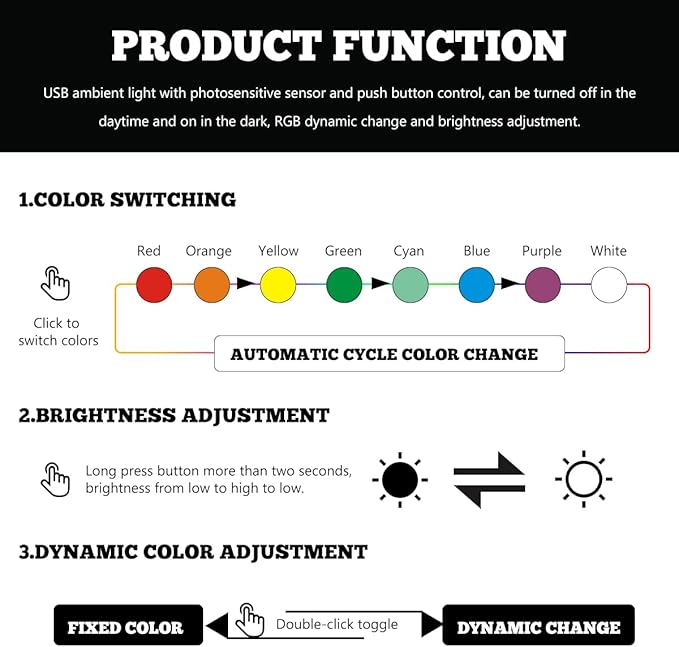 2PCS USB Type C LED Ambient Light, 8 Colors RGB LED Car Atmosphere Lamp with Adjustable Brightness, 5V Plug-in USB Night Lights Interior Decoration for Vehicle Home Office