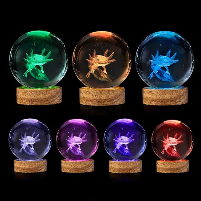 3D Axolotl Crystal Ball Night Light with Woodern Base,16 Colors with Remote Control Cool Desk Decor Gifts for Kids Friends (Axolotl-b)