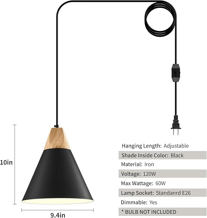 Black Plug in Pendant Light 11.8ines, 14.7ft, 2 Packs -Farmhouse Pendant Light, Industrial Kitchen Pendant Lights, Hanging Pendant with Plug in Cord for Kitchen Island, Office, Desk, Bedroom