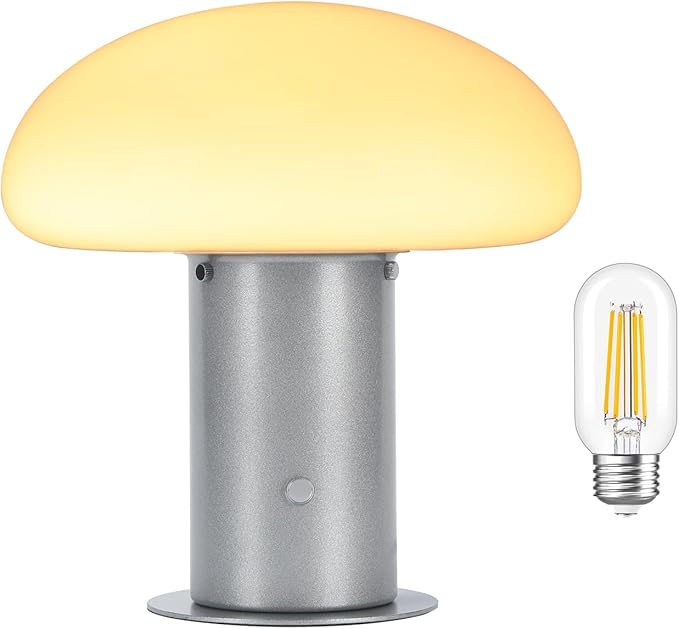 Mushroom Lamp, Retro Table Lamp with Touch Control Switch, 3 Way Dimmable Nightstand Lamp for Bedroom and Living Room, 6W LED Bulb Included (Silver)