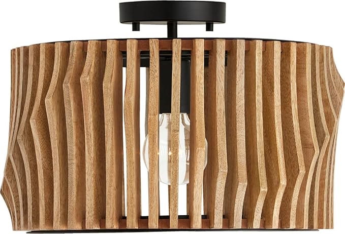 Capital Lighting 244632WK Archer Modern Artisan-Crafted Mango Wood Dual Mount Pendant/Semi Flush Ceiling Light, 1-Light 100 Watt, 11" H x 16" W, Light Wood and Matte Black