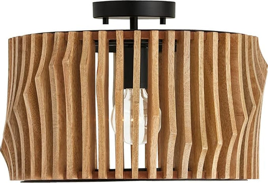 Capital Lighting 244632WK Archer Modern Artisan-Crafted Mango Wood Dual Mount Pendant/Semi Flush Ceiling Light, 1-Light 100 Watt, 11" H x 16" W, Light Wood and Matte Black