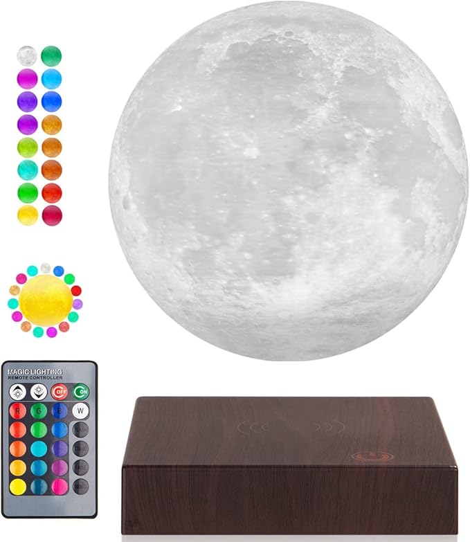 UVEHAS Levitating Moon Lamp, Floating and Spinning 3D Moon Light Magnetic Levitation Lunar Night Lights Unique Holiday Birthday Gifts Room Table Desk Decoration, 16 Colors LED Moon