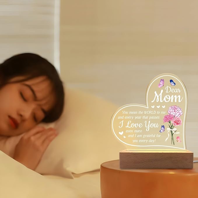 Carnation Heart Shape 3D Crystal Acrylic Light with Wood Stand, LED Night Light for Kids Room Decor, Gift for Mom on Birthday or Holiday, Home Decor Art Display