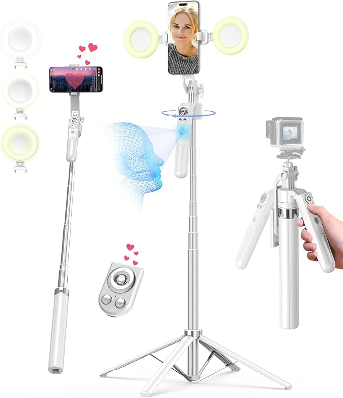 71” Auto Face Tracking Tripod for iPhone with Light,360° Rotating Phone Stand with Rechargeable Remote Control for TikTok Vlog, Phone Tripod for Android Camera/GoPro/Ring Light (White)