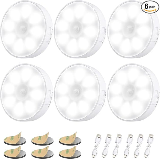 6 Pack Motion Sensor Light Indoor [8 LEDs], Electight Night Light USB Rechargeable, 400 mAh Battery & 3 Light Modes, Cordless Magnetic Sticker Nightlight, for Stair, Closet, Hallway - 6000K Cold White