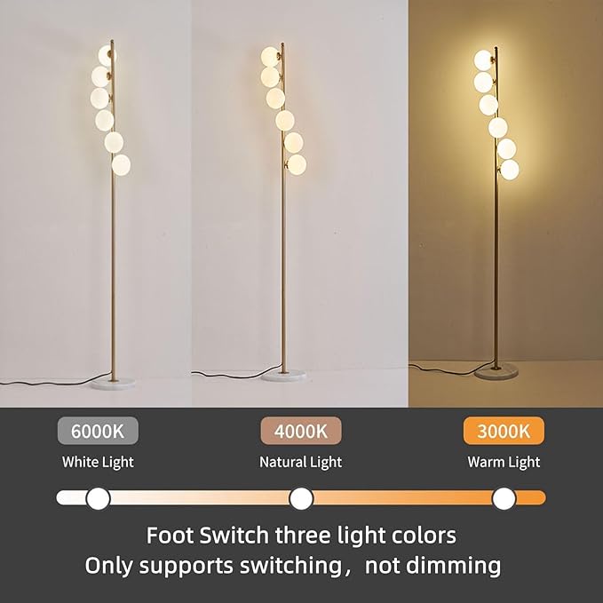 NKU Mid Century Gold Retro Floor Lamp - White Glass Lampshade with Foot Switch, 3 Color Temperatures, 6 Globe Standing Tall Lamp for Living Room, Bedroom & Office
