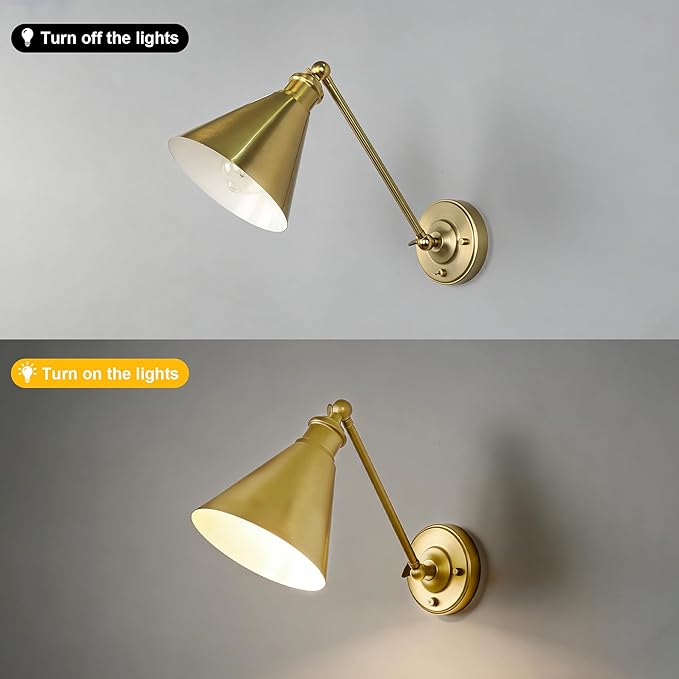 Industrial Vintage Slope Pole Wall Mount Single Sconce with Funnel Flared Metal Shade, Swing Arm Wall Sconce Light Lamp Fixture Hardwired