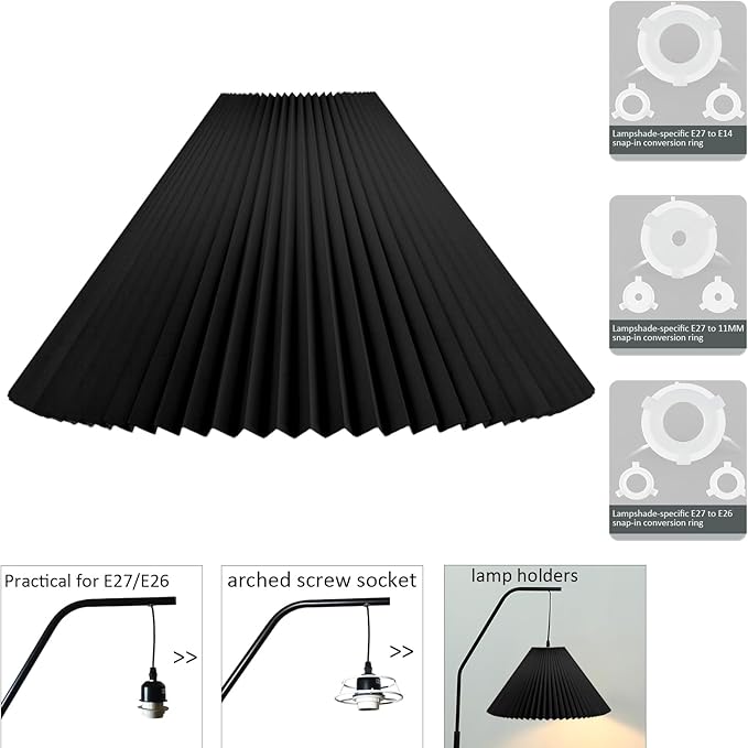 Large Pleated Lamp Shade for Arc/Arched Floor Lamps Replacement spider lampshade 5.9"Top X 21.5"Bottom X 13.8"High-Black