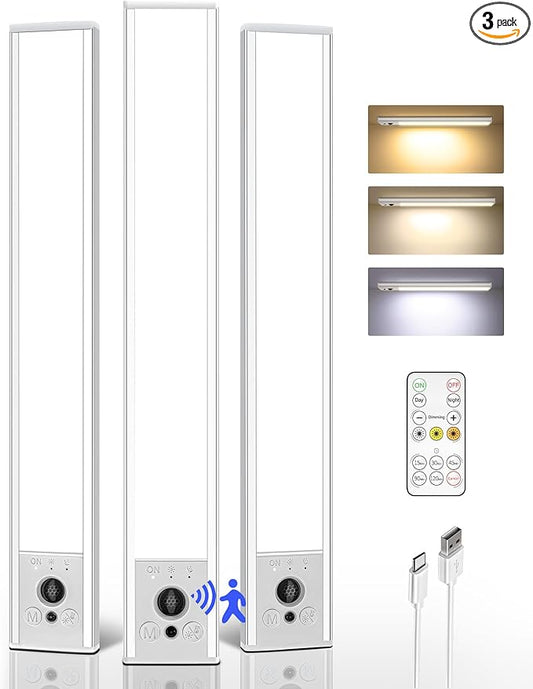 EZVALO 3-Pack Under Cabinet Lighting, 3200mAh Rechargeable Motion Sensor Light, 12inch Magnetic Closet Lights with Dimmable & 3 Color Temps, Wireless Motion Activated Lights with Remote for Kitchen