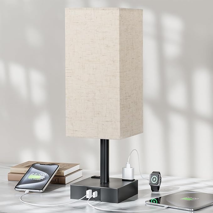 Touch Bedside Table Lamp for Nightstand - 3-Way Dimmable Night Lamp with USB A + Type C Charging Ports and Two AC Outlets, Small Desk Light with E26 LED Bulb for Bedroom Living Room Dorm, Beige