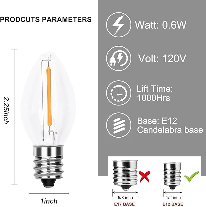 25 Pack C7 LED Replacement Christmas Light Bulb, Shatterproof LED Bulbs for Christmas Outdoor Indoor String Lights, E12 Candelabra Base, 0.6 Watt, Saving Enengy LED Bulbs, Warm White