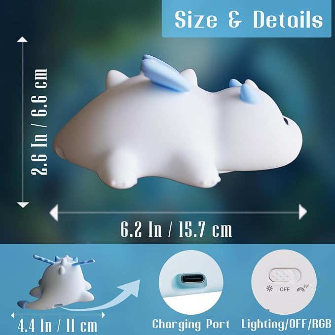 Dragon Night Light, Cute Baby Dragon Gifts, Soft Silicone Lamp with 3 Level Warm Light and RGB Changing, Breastfeeding Nursery Portable Kawaii Bedside Lamp for Baby, Toddler, Boys and Girls