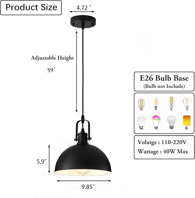Pendant Lights, Modern Matte Black Metal Hanging Light Fixtures, Adjustable Height Industrial Pendant Lighting for Kitchen Island Dining Room Bedroom Bar Office 9.84”