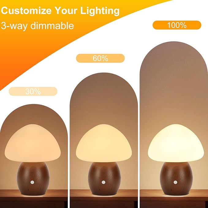Mushroom Lamp with Touch Control Switch, Small Wooden Table Lamp with Glass Shade, 3 Way Dimmable Nightstand Lamp for Bedroom, G9 LED Bulb Included (Walnut Color&Opal White Glass Shade)