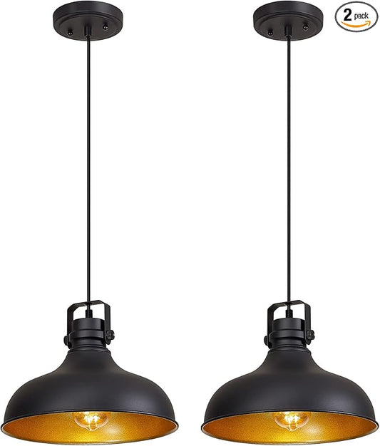 Black Farmhouse Pendant Lights Matte Pendant Lighting for Kitchen Island Industrial Adjustable Height Vintage Dome Hanging Light Fixtures for Barn, Dining Room 2 Packs