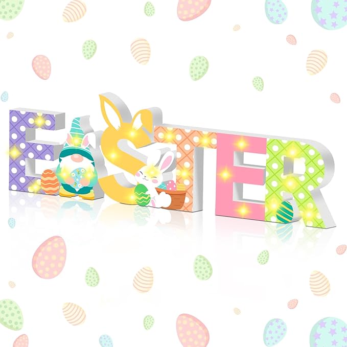 Menkxi Easter Wooden Decoration "EASTER" Letter Table Decor LED Light up Wooden Sign with Bunny and Gnome Tiered Tray Decor for Home Spring Party Room Desk Decoration