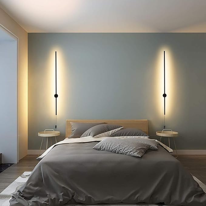 Modern Plug in Wall Sconce Set of 2 LED Black Wall Lights with Plug in Cord On/Off Switch 39 3/8 inches Warm White Wall Mounted Deco Lamp for Living Room Bedroom(2-Pack)