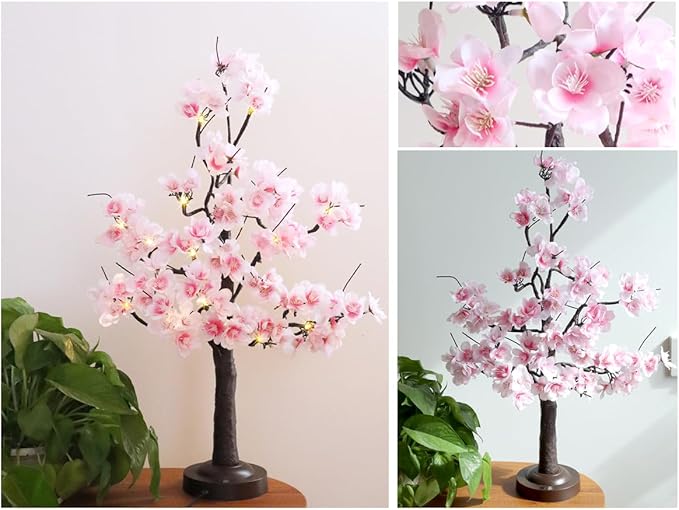 18 Inch Cherry Blossom Tree with Timer, Warm White Tabletop Spring Bonsai Tree USB/Battery Operated, Light up Artificial Tree Decorations for Christmas Indoor Mantel Home Wedding Easter Gift