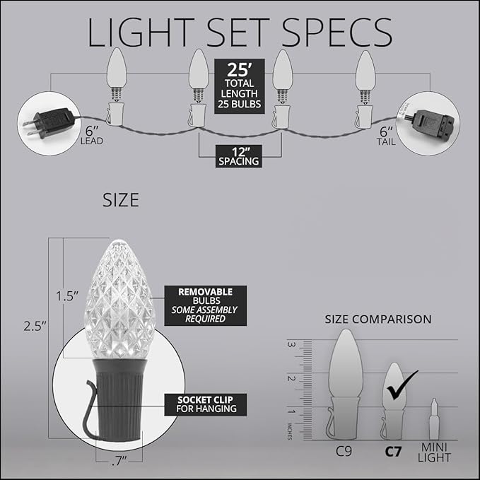 25 C7 OptiCore Commercial Gold Christmas Lights – LED Outdoor Heavy Duty Bulbs and 18 Gauge Green Wire (25 ft)