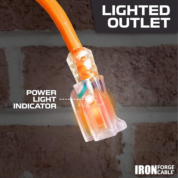 Iron Forge Cable Lighted Outdoor Extension Cord 10 Ft - 10 Gauge Heavy Duty Extension Cord, 15 AMP, 10/3 Orange Power Cable SJTW Weatherproof 3 Prong