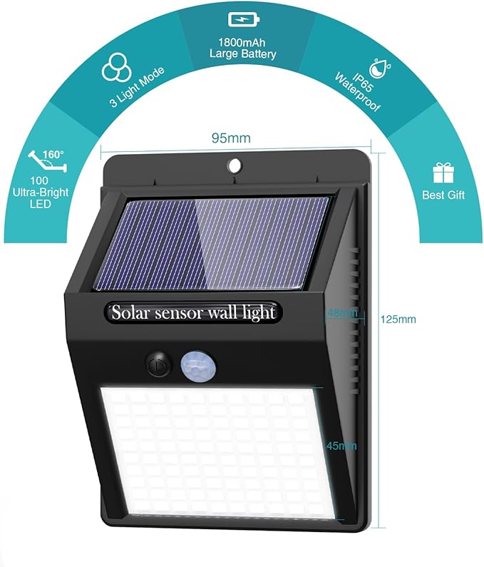 16 Pack Solar Lights Outdoor, 3 Modes/100LED Wireless IP65 Waterproof Solar Motion Lights Outdoor for Front Door, Backyard, Garage, Deck