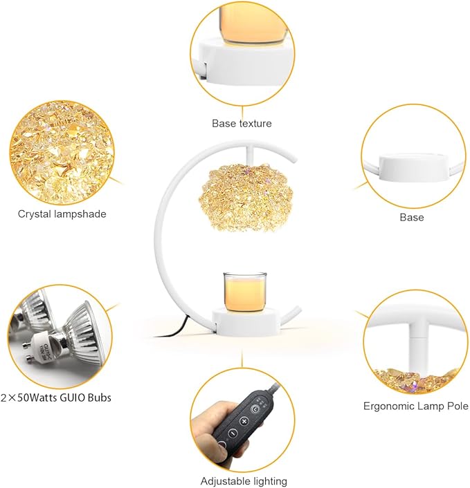 White Candle Warmer Lamp for Jar Candles with Adjustable Brightness＆Timer，Handcrafted Crystal＆Wooden Base,Candle Lamp Luxurious Design+2Bulbs,Home Decoration Electric Candle lamp(C-Shaped)