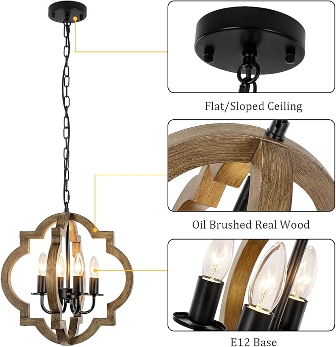 Farmhouse Orb Chandelier, 4-Light Rustic Wood Chandelier for Dining Room, 15.74'' Pendant Light for Kitchen Island Hallway Foyer Entryway Bedroom