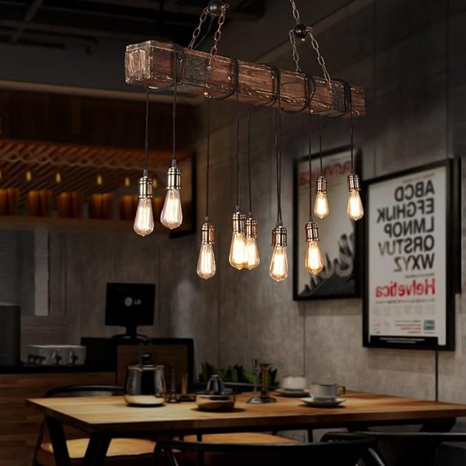 Rustic Farmhouse Chandeliers for Dining Room & Kitchen Island 10-Light Adjustable Wooden Pendant Lighting 43.3" Retro Ceiling Hanging Light for Bar & Pool Table
