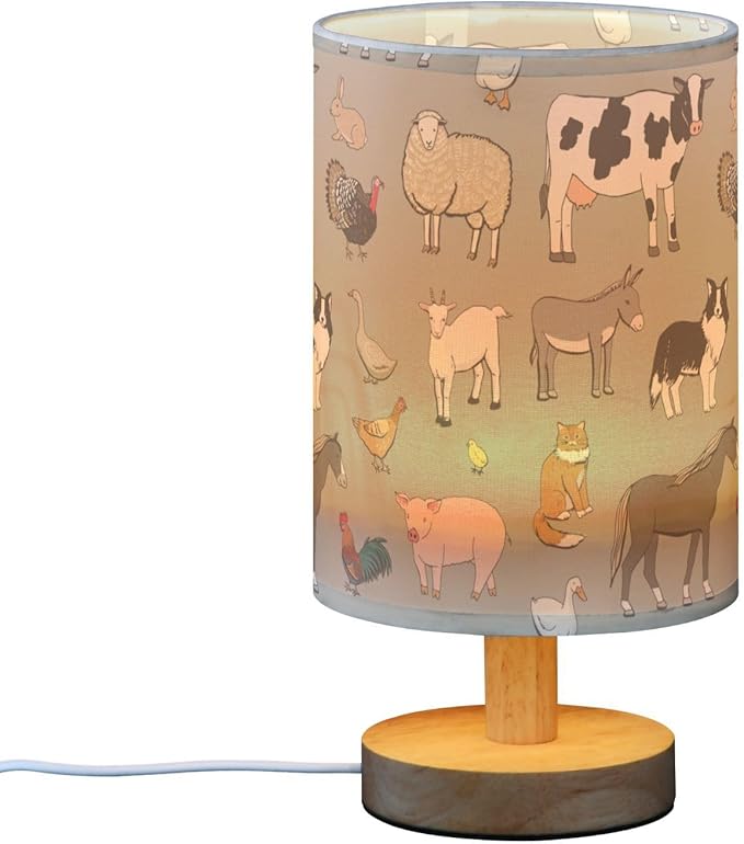 Bedside Table Lamp Farm Animals Nightstand Lamp with Wood Cows Sheep Pig Fox Chicken Duck Dog Rabbit Desk Lamps for Bedroom Living Room Nursery Office Home Decor
