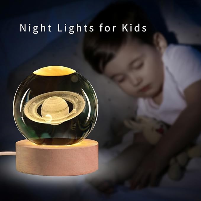 3D Saturn Crystal Ball with LED Stand, 60mm Glass Sphere Decorative Balls, Space Planet Galaxy Lamp Night Light Gifts for Women Kids