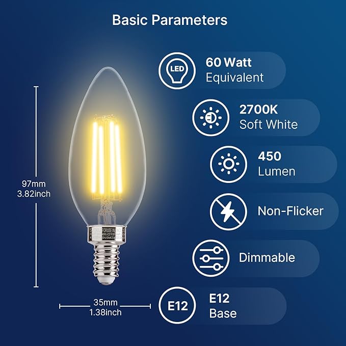 FLSNT 96 Pack LED Candelabra Bulbs 60W Equivalent, B11 Dimmable LED Chandelier Light Bulbs, E12 Base, 2700K Soft White UL,CA65 Listed.