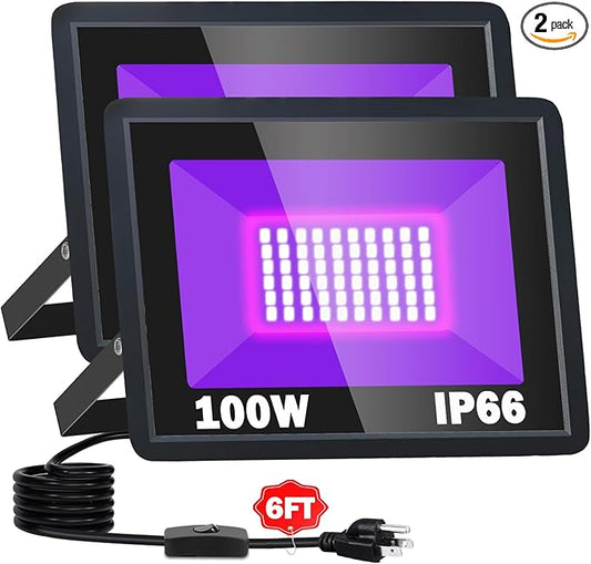 2 Pack 100W LED Black Light, IP66 Waterproof Outdoor Blacklight Flood Light Spotlight with Plug, Switch, Cord for Neon Glow Party Fluorescent Poster Body Paint Stage Lighting Halloween Decor