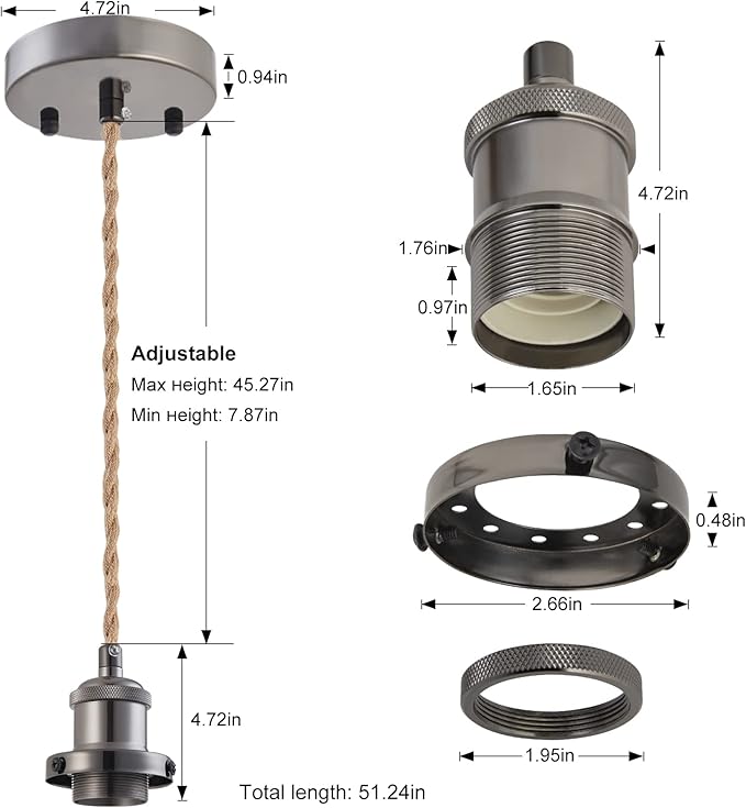 Industrial Mini Pendant Light Kit, E26 Socket Pendant Hanging Light, Hemp Rope Vintage Hanging Pendant Light Cord, Adjustable Pendant Lights Ceiling Mount Kitchen Island Farmhouse
