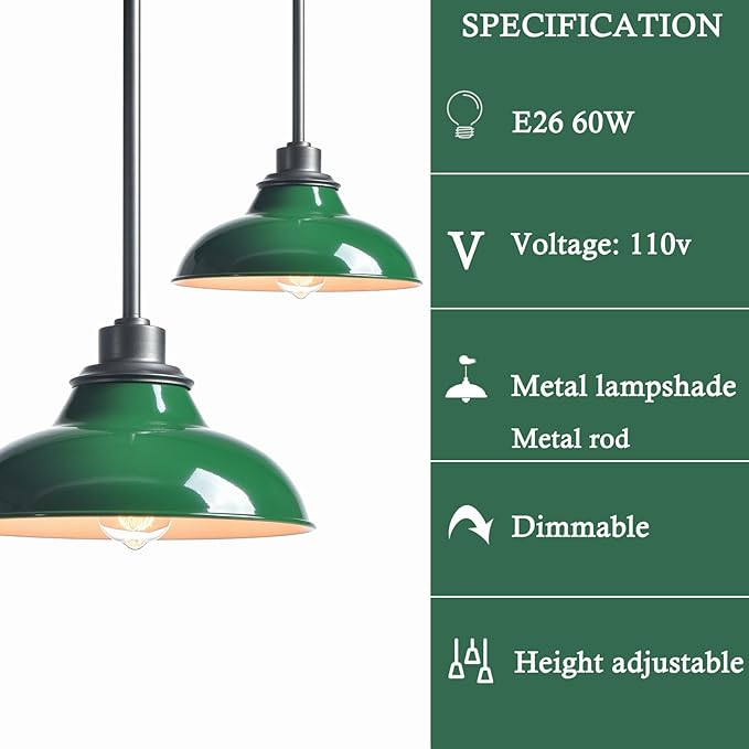 Modern Pendant Light Fixture Retro Dark Green Pendant Lights Kitchen Island Hanging Light Fixture for Dinning Room Bar Kitchen Island (Metal Rod)