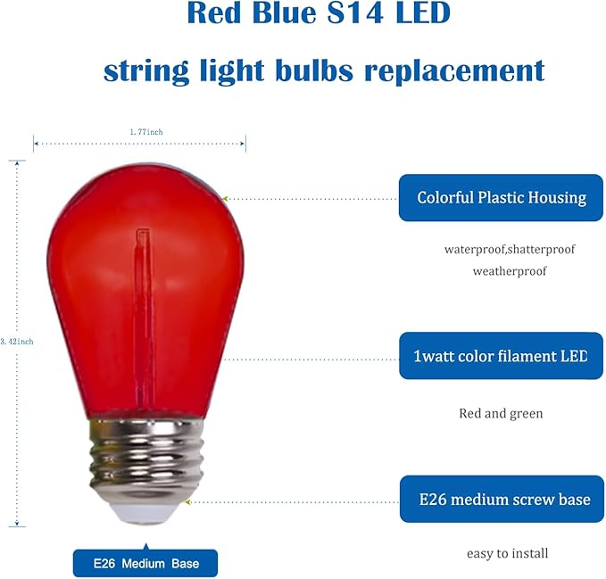 24-Pack S14 Colored LED String Light Bulbs Replacement, E26 Base 1W Plastic Shatterproof Waterproof, Christmas Light Bulb Red,Blue