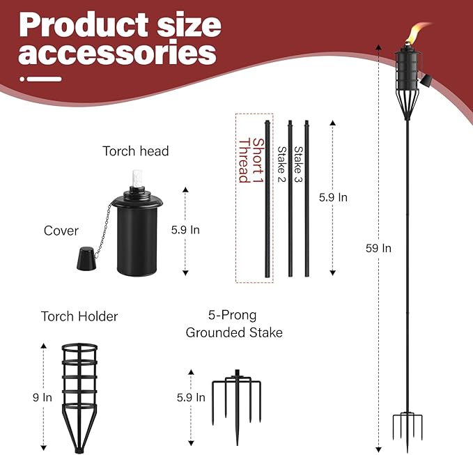 Home Garden Torch Set of 6，Large Capacity 22oz Outdoor Metal Torch Garden Décor，59.5 inch Upgraded Citronella Torches with 5-Prong Grounded Stake，Metal Torch Light for Party Patio Pathway