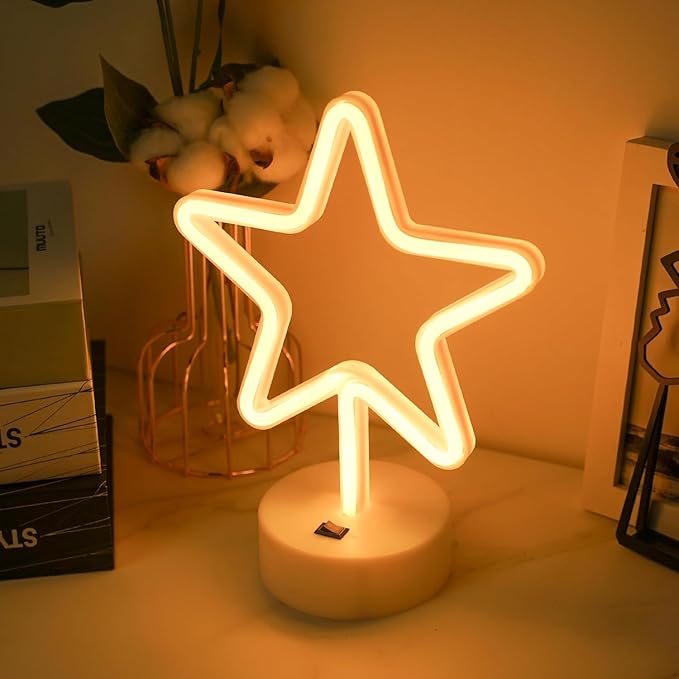 Star Neon Sign with Base, Warm White LED Neon Light, Battery & USB Power Supply, Star LED Light for Home, Bedroom, Study, Store Table, Party Decor, Birthday, Christmas Gifts for Kids, Girls, Boys