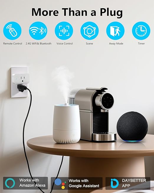 DAYBETTER Smart Plug Max 15A/1800W, Compatible with Alexa and Google Home, No Hub Required, Bluetooth & 2.4GHz WiFi Setup, Smart Outlet with APP Control, Timer & Schedule, 4Pack