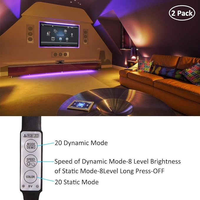 Battery Operated LED Strip Lights RGB Battery Powered Led Strip Lights 3 Keys Controller 13.2FT/4M Color Changing Flexible Light for PC TV Mirror Kitchen Cabinet Shelves, Room Decor 2Pcs