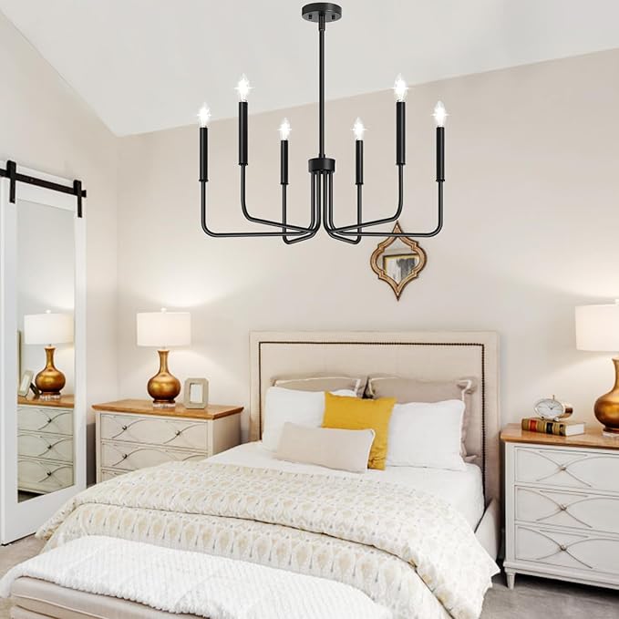 Black Chandelier, 6-Light Farmhouse Chandelier for Dining Room Lighting Fixtures Hanging, Dining Light Fixtures Industrial Modern Chandelier for Bedroom, Foyer, Hall, Kitchen, Living Room and Entryway