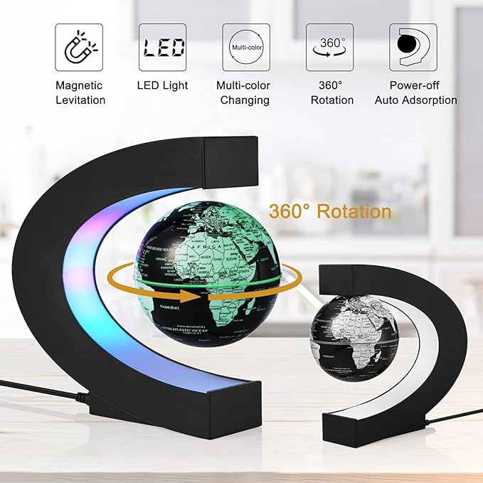Levitating Globe, Magnetic Floating Globes with Multi-colors Changing LED light, 360 Degree Rotating C Shape Magnetic Levitation World Map Globe Lamp for Room Decor