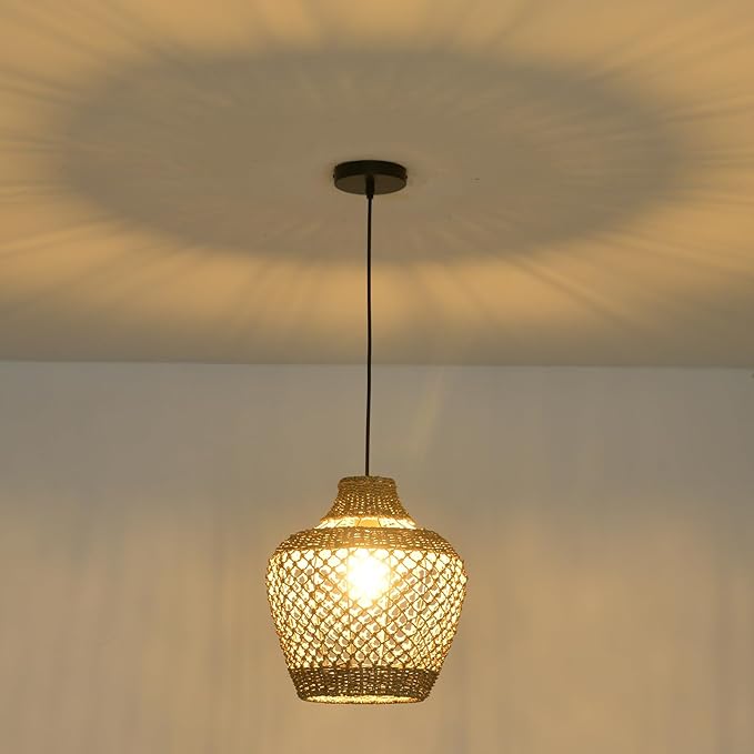 2-Pack Rattan Pendant Light,Bohemian 11.81” Wicker Chandelier,Hand Woven Hanging Seagrass Chandeliers Fixture, for Farmhouse Kitchen Island Boho Dining Living