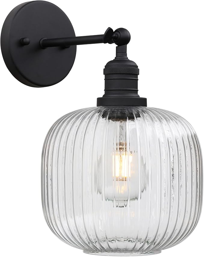 Pathson Modern Wall Sconce Lamp Clear Striped Round Glass, Hardwired Vintage Wall Vanity Light Fixture for Farmhouse Living Room Bedroom Bathroom Loft