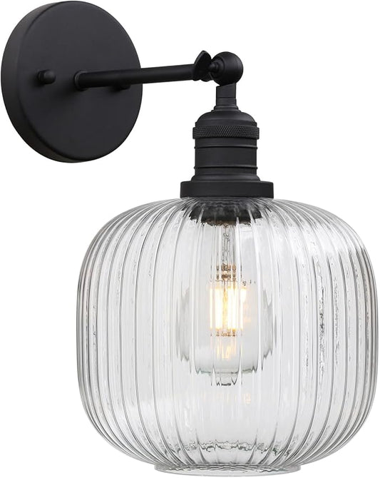 Pathson Modern Wall Sconce Lamp Clear Striped Round Glass, Hardwired Vintage Wall Vanity Light Fixture for Farmhouse Living Room Bedroom Bathroom Loft